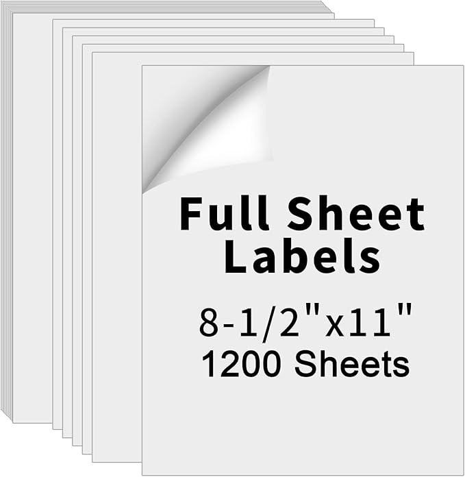 8.5" x 11" Full Sheet Label Sticker Paper for Laser & Inkjet Printers,Self Adhesive Full Page Shipping Labels,Printable White Matte Mailing Label Stickers(1200 Sheets,1200 Labels)