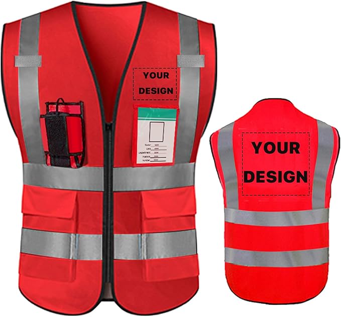 YOWESHOP High Reflective Visibility Safety Vest with Pockets and Zipper Custom Your Logo Safety Workwear