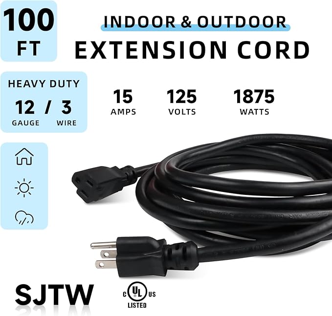 EP 100 Ft Outdoor Extension Cord - 12/3 SJTW Heavy Duty Black Extension Cable with 3 Prong Grounded Plug - Power Cord for Lawn, Garden, Appliances