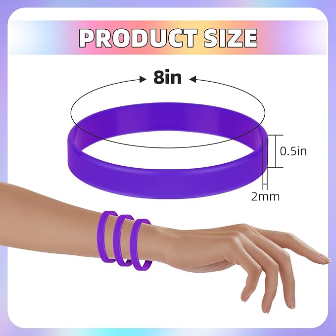 Rubber Silicone Bracelets 100 Count, Sports Blank Elastic Rubber Bulk, Unisex Silicone Wristbands for Decoration Gift-Purple