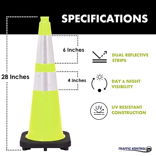 6 Pack 28" Inch Lime Traffic Safety Cones with Dual Reflective Collars - High Visibility Industrial Pylons Traffic Cones for Road, Parking Lots, Driving, Construction