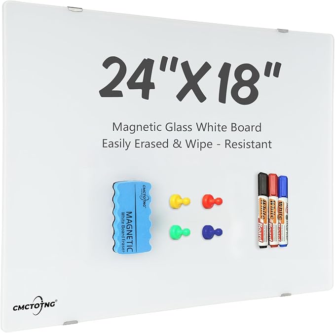 Wall-Mounted Magnetic Tempered Glass White Board Frameless Dry Erase Board Wall Mounted Ideal for Office Classroom School Kitchen and Home，Durable Whiteboard Frameless (24''X18'')