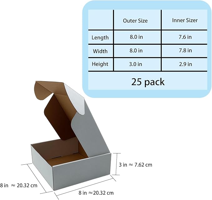 8x8x3 inch Shipping Boxes, White Corrugated Cardboard Box Literature Mailing Shipping Packaging Recyclable Storage Boxes and Craft Gifts Giving Products Business White Box Set of 25 (8''x8''x3'')