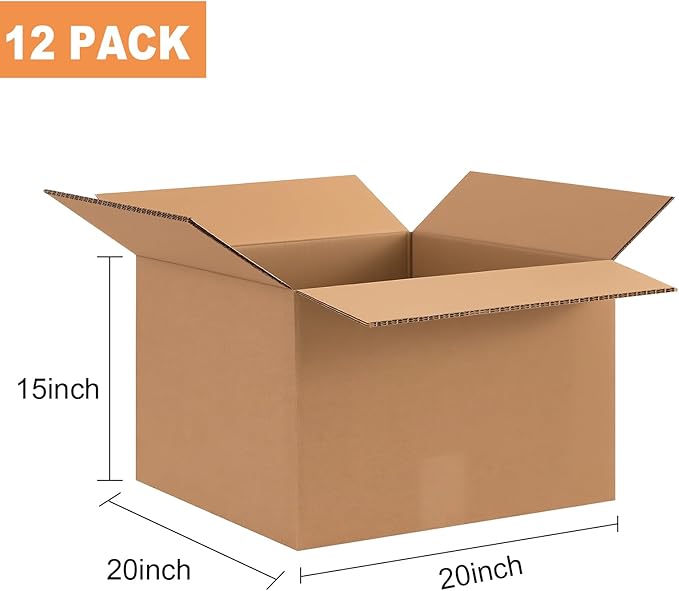 Double Wall Corrugated Cardboard Boxes for Moving(12 Pack), 20" x 15" x 20" Heavy Duty Large Packing Boxes Durable for Packing,Business,Storage (Large-No Handle)