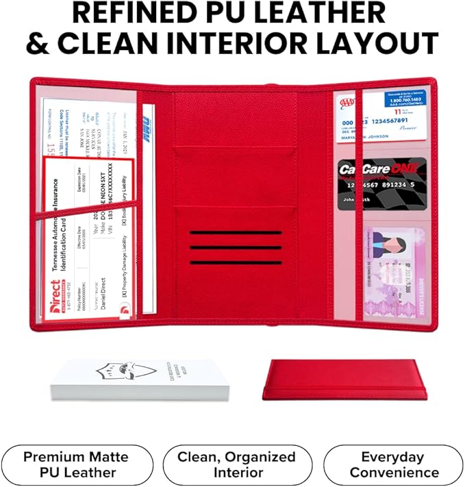 LINTRU Car Registration and Insurance Holder Trifold, Oversized Fit with Reinforced Construction, Matte PU Leather Vehicle Glove Box Organizer for Documents, Car Accessories for Men and Women