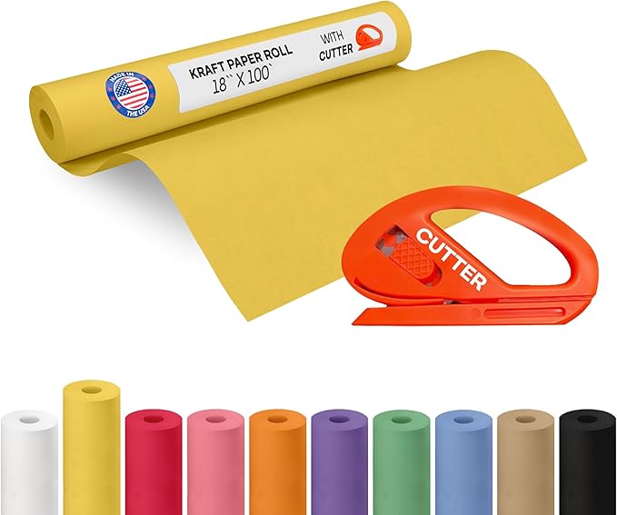 Yellow Kraft Paper Roll 18" x 1200" (100 feet) with Cutter - USA-Made Gift Wrapping Paper for Packing, Moving, Shipping & Crafts/Arts - 100% Recyclable Natural Craft Material by IDL Packaging