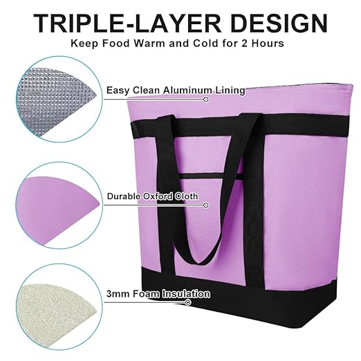 Insulated Reusable Tote Bag for Grocery Shopping for Women/Men, Pizza/Food Delivery Bag to Keep Food Cold/Hot for Commercial Delivery Services, Cooler bags for Travel/Beach/Picnic, Lavender