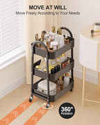 EAGMAK 3 Tier Rolling Cart Under Desk, Metal Storage Cart with Handle and Lockable Wheels, Multifunctional Storage Organizer Trolley with Mesh Baskets for Kitchen, Living Room, Office, Garage (Black)