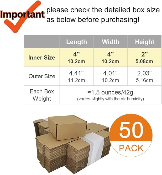 50 Pack 4x4x2'' Small Shipping Boxes, Corrugated Cardboard Mailers for Business, Kraft (CM442K)