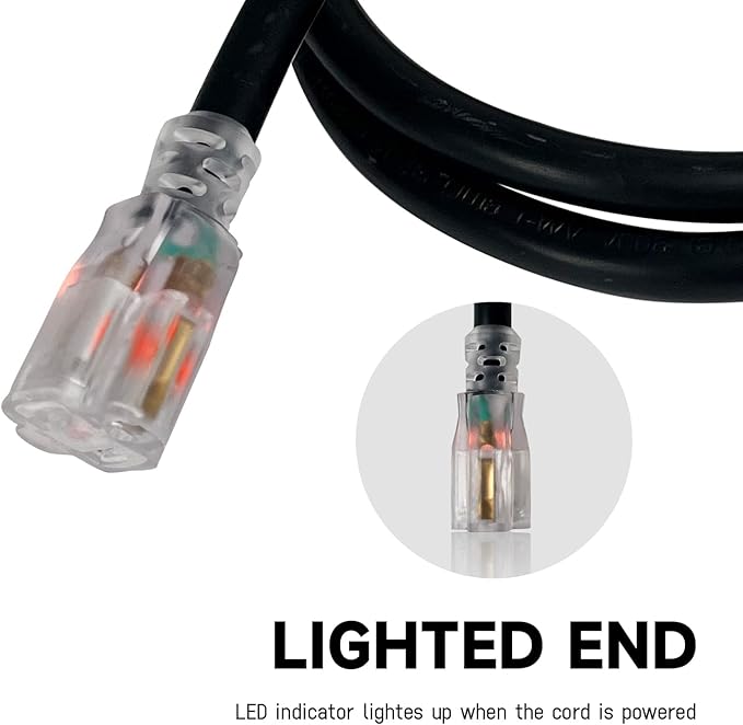 EP 15 Ft Lighted Outdoor Extension Cord - 10/3 SJTW Heavy Duty Black Extension Cable with 3 Prong Grounded Plug for Safety, UL Listed