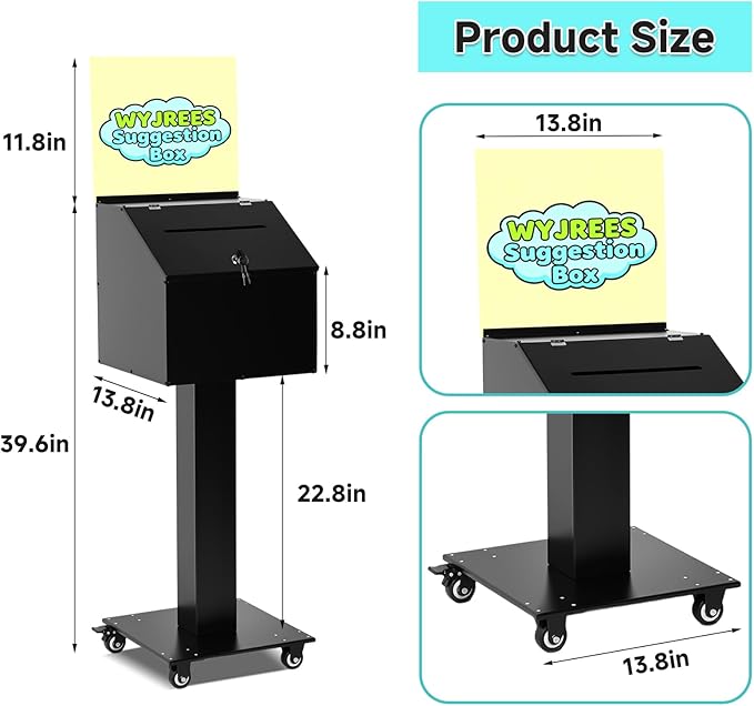 Suggestion Box with Stand, Heavy Duty Metal Floor Standing Offering Box with Lock and Key, Ballot Box with Sign Holder for Voting, Charity, Church and Event Fundraising