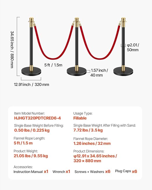 VEVOR Stanchions and Velvet Ropes, 6 Pcs Crowd Control Barriers with 4 Red Velvet Ropes, Stainless Steel Stanchion Post Queue with Sand Injection Hollow Base for Theater, Wedding, Party Supplies