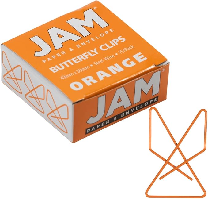 JAM PAPER Colorful Butterfly Clips - Orange Paper Clamps - 15/Pack