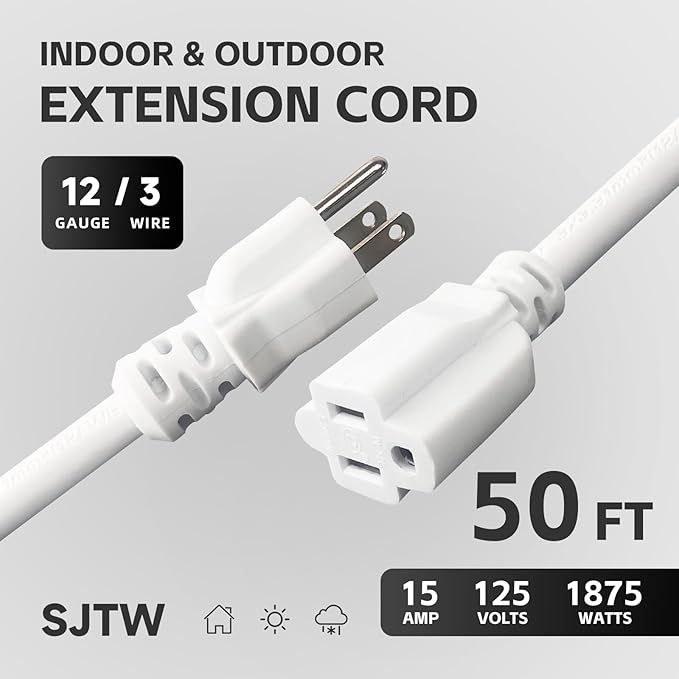 50 FT 12 Gauge Extension Cord Outdoor, Heavy Duty Weatherproof & Flame Retardant Black 3 Prong Power Cord, Outside for Garden & Lawn, 15 Amps 1875 Watts 125 VAC 12AWG SJTW, UL Listed