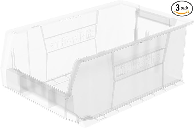 Akro-Mils 30281 Super-Size AkroBins Plastic Storage Bins, Space-Saving Stackable Bins for Garage, Classroom, Warehouse Organization, 20-Inch L x 12-Inch W x 8-Inch H, Clear, 3-Pack