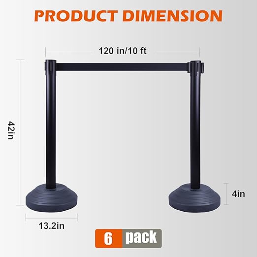 6 Pack Crowd Control Stanchions with 10FT Retractable Belt, Water Filled Base, Black Barrier Posts for Queue Management, Events, and Public Safety