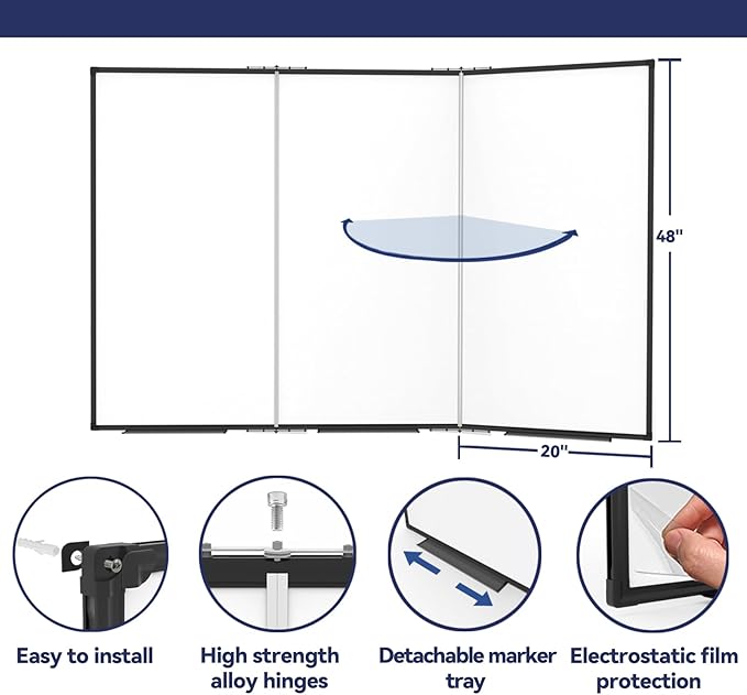 Large White Board for Wall,Magnetic Dry Erase Whiteboard,Foldable 60x48 Inches,Black Aluminum Frame, with 3PCS Detachable Marker Trays for Office and Home