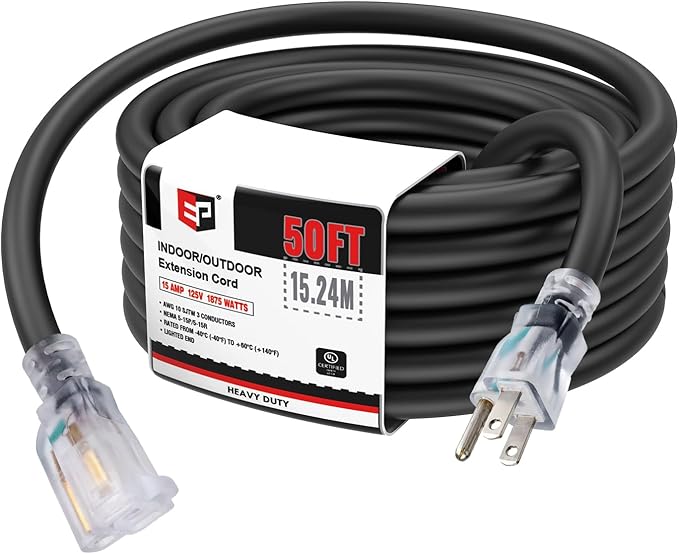 EP 50 Ft Lighted Outdoor Extension Cord - 10/3 SJTW Heavy Duty Black Extension Cable with 3 Prong Grounded Plug for Safety, UL Listed