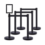 DuraSteel Crowd Control Barriers Stanchions with Retractable Belts & Sign Holder - Metal Stanchion Posts w/ 6.5ft Black Retractable Barrier Belt Ropes - Queue VIP Safety Line Dividers - Set of 6 Poles