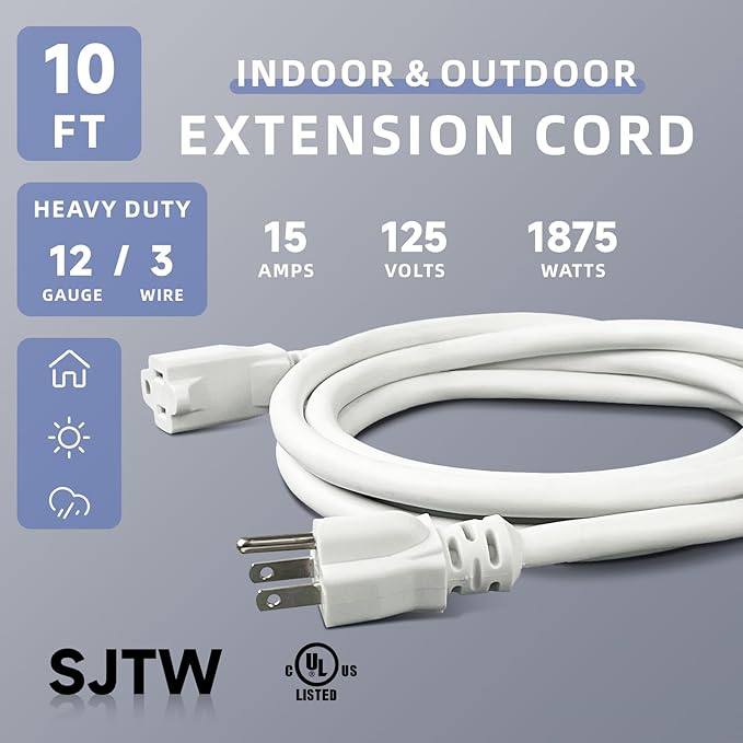 EP 10 Ft Outdoor Extension Cord, 12/3 SJTW Heavy Duty Extension Cable with 3 Prong Grounded Plug, 15 AMP Power Cord for Lawn, Garden, Appliances, White