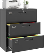 Lateral File Cabinet, Metal Filing Cabinet with Lock, 3 Drawer File Cabinets for Home Office, Office Cabinet for Hanging Files Letter/Legal/F4/A4, Assembly Required, Black
