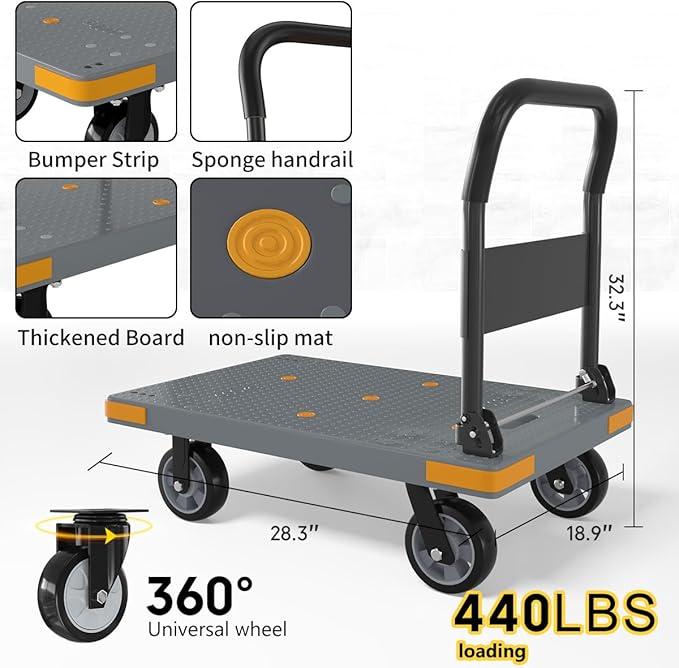 WUD Push Cart, Folding Mobile Platform Trolley,Thickened and Reinforced, 360° Swivel Wheels,28.3 “L x 18.9 ”W, 440 lb. Grey Dolly cart with Wheels