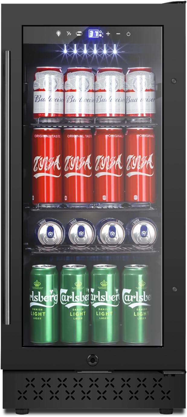 Tylza 15 Inch Beverage Refrigerator, Under Counter/Freestanding Drink Fridge, 130 Cans Beverage Cooler with Glass Door, Reversible Door, Low Noise, Quick Cooling - for Beer, Soda, ETC, Black