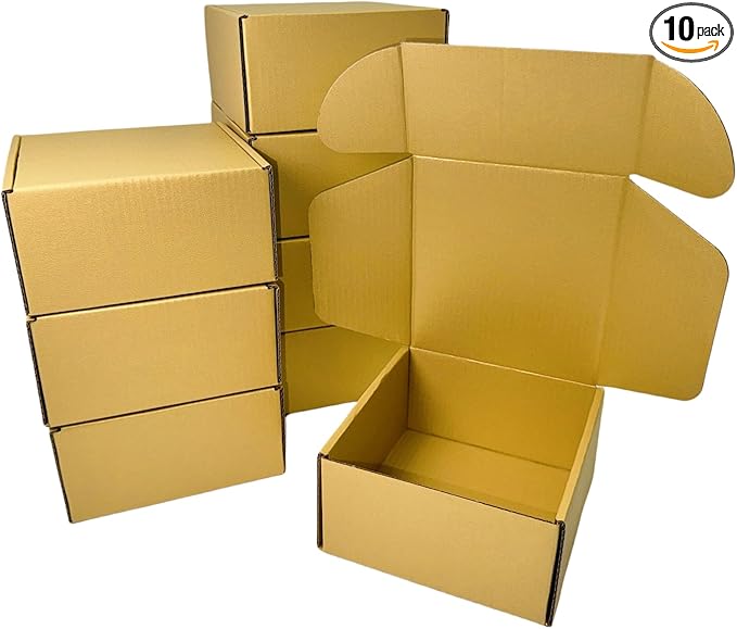10 Pcs 9.8 x 9.8 x 4 inches Large Size Corrugated Cardboard Gift Boxes Recyclable Shipping Boxes for Mailing & Holidays, Wedding, Birthday, Gifts Packaging (Gold, 9.8 x 9.8 x 4")
