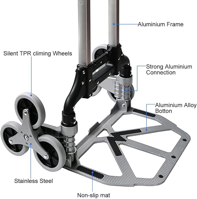 Heavy Duty 6-Wheel Stair Climbing Cart - 300lb Capacity Folding Hand Truck, All-Terrain Aluminum Trolley w/Adjustable Handle - Perfect for Groceries, Deliveries, Apartments