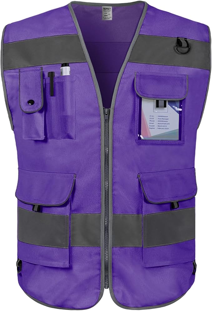 TCCFCCT Purple Safety Vest for Men Women 9 Pockets High Visibility Reflective Vest for Safety, Work Vest with Reflective Strips, Meets ANSI/ISEA Standards, Large