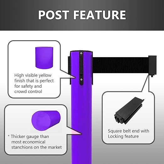 VIP Crowd Control Retractable Belt Queue Safety Stanchion Barrier Set, 36" Ht, 78" Belt + Wall Bracket (2 Purple Posts Purple Belt)