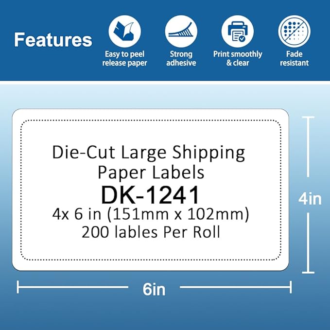 Replace for DK-1241 Die-Cut Large Shipping Label Rolls, 4''x 6''(102 mm x 151 mm) 200/Roll DK Labels Compatible with Brother QL-1050 1100 1110nwb Printer (1 Roll+1 Frame)