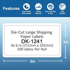 Replace for DK-1241 Die-Cut Large Shipping Label Rolls, 4''x 6''(102 mm x 151 mm) 200/Roll DK Labels Compatible with Brother QL-1050 1100 1110nwb Printer (1 Roll+1 Frame)