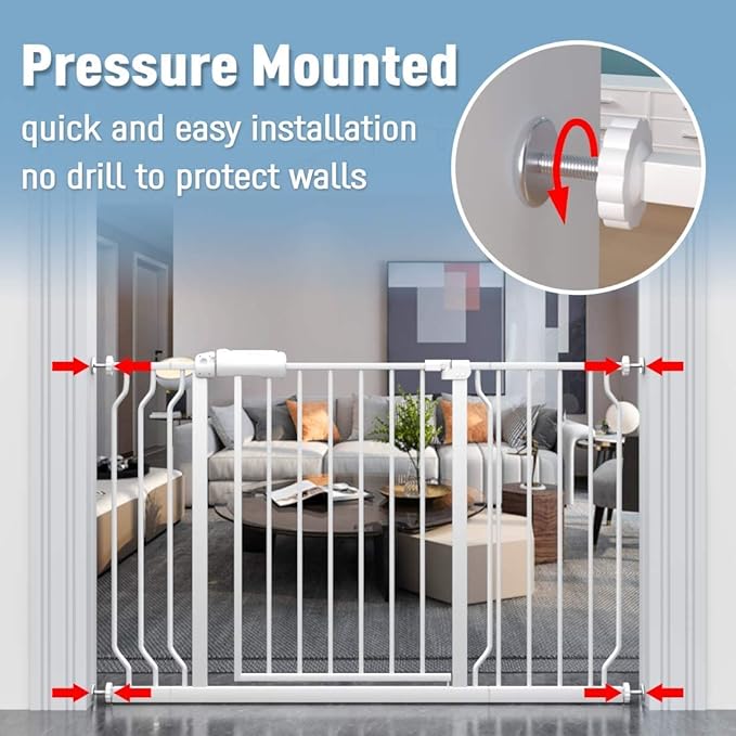 ALLAIBB Extra Wide Pressure Mount Baby Gate Auto Close White Metal Child Dog Pet Safety Gates with Walk Through for Stairs,Doorways,Kitchen and Living Room(66.93-71.65"/170-182cm)