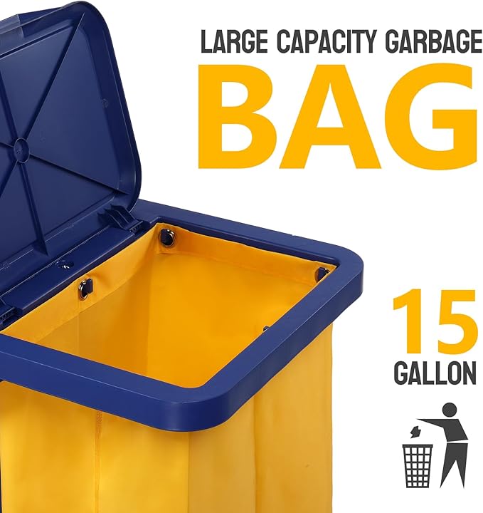 TUFFIOM Commercial Traditional Cleaning 3-Shelf Janitorial Cart, 500 Lbs Capacity Housekeeping Cart, Wheeled with Yellow VinylBag and Cover w Lid, Blue