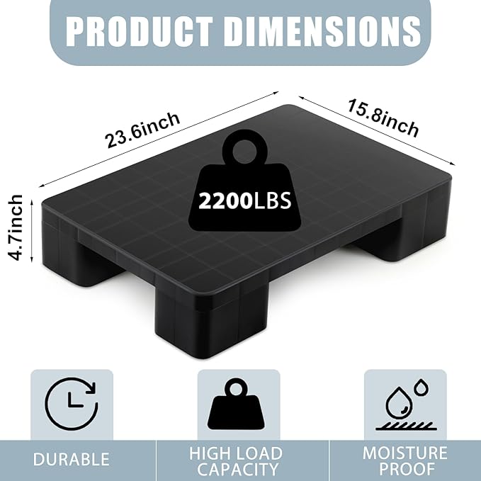2 Pcs Plastic Pallet for Basement Storage Easy Stack Lightweight Floor Pallet Display Flooring Room Supermarket Christmas, Support up to 2000 Lbs (23'' L X 16'' W X 4.7'' H,Black)