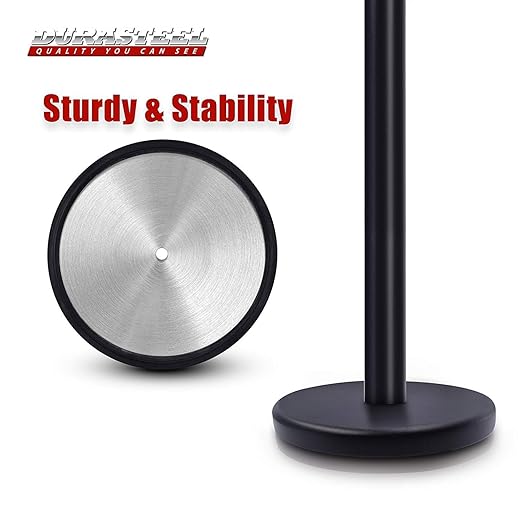 DuraSteel Crowd Control Barriers Stanchions with Retractable Belts & Sign Holder - Metal Stanchion Posts w/ 6.5ft Black Retractable Barrier Belt Ropes - Queue VIP Safety Line Dividers - Set of 6 Poles