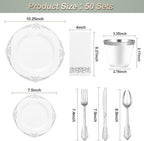 350PCS Silver Plastic Plates for 50 Guests, Disposable Dinnerware Set Includes 100 Disposable Plates, 150 Silver Silverware, 50 Cups, 50 Napkins for Party & Wedding