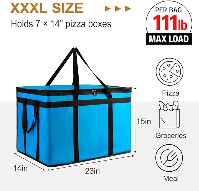XXXL Insulated Food Delivery Bag - Reusable Thermal Cooler Grocery Bags for Catering & Delivery, Pizza Carrier for Events, Large Capacity Bag Keeps Food Hot/Cold for Shopping, Commercial (Blue, 1PK)
