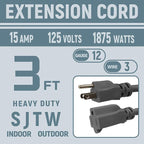3 FT 12 Gauge Extension Cord Outdoor, Heavy Duty Weatherproof & Flame Retardant Black 3 Prong Power Cord, Outside for Garden & Lawn, 15 Amps 1875 Watts 125 VAC 12AWG SJTW, UL Listed
