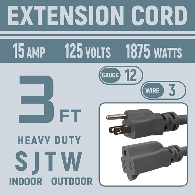 3 FT 12 Gauge Extension Cord Outdoor, Heavy Duty Weatherproof & Flame Retardant Black 3 Prong Power Cord, Outside for Garden & Lawn, 15 Amps 1875 Watts 125 VAC 12AWG SJTW, UL Listed