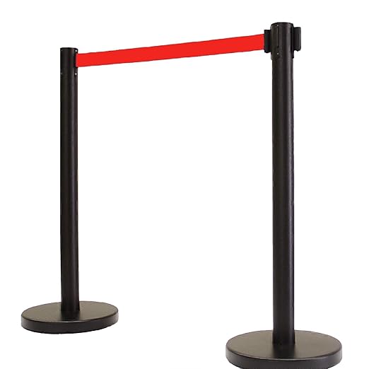 VIP Crowd Control Retractable Belt Stanchion Queue Safety Barrier Set, 36" Ht, 78" Red Belt (2 Posts)