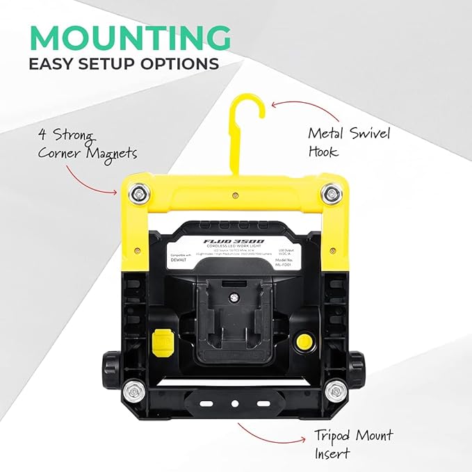 Master Tailgaters FLUD 4000 LED Work Flood Light Compatible for Dewalt 20v Battery