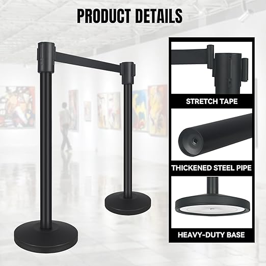QKA Crowd Control Barriers with 16.4' Retractable Belt 2Pack Stainless Steel Stanchion Posts Queue Line Pole Stanchions, Black