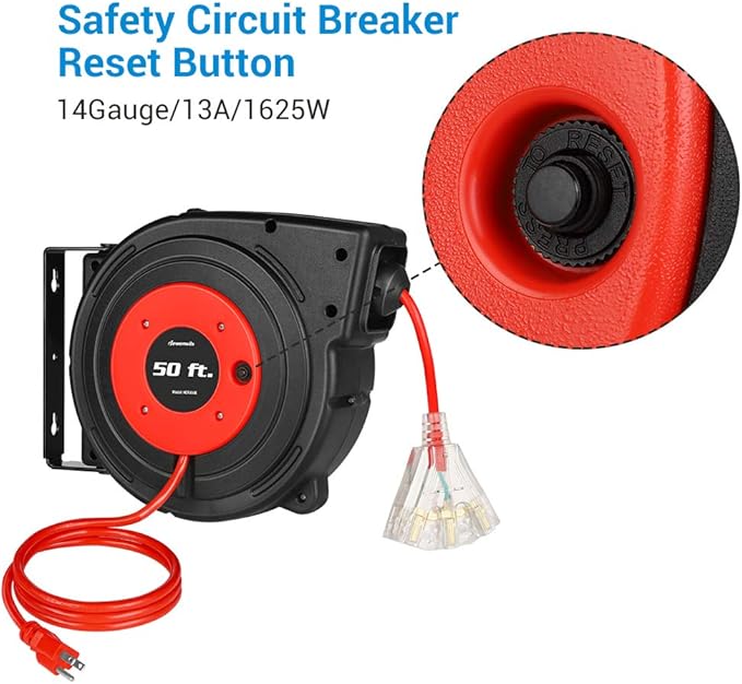 DEWENWILS Retractable Extension Cord Reel, 50FT Power Cord Reel with 14AWG/3C SJTOW, 13A Circuit Breaker, Wall/Ceiling Mounted, 3-Lighted Triple Outlets for Garage, Workshop, UL Listed, Red