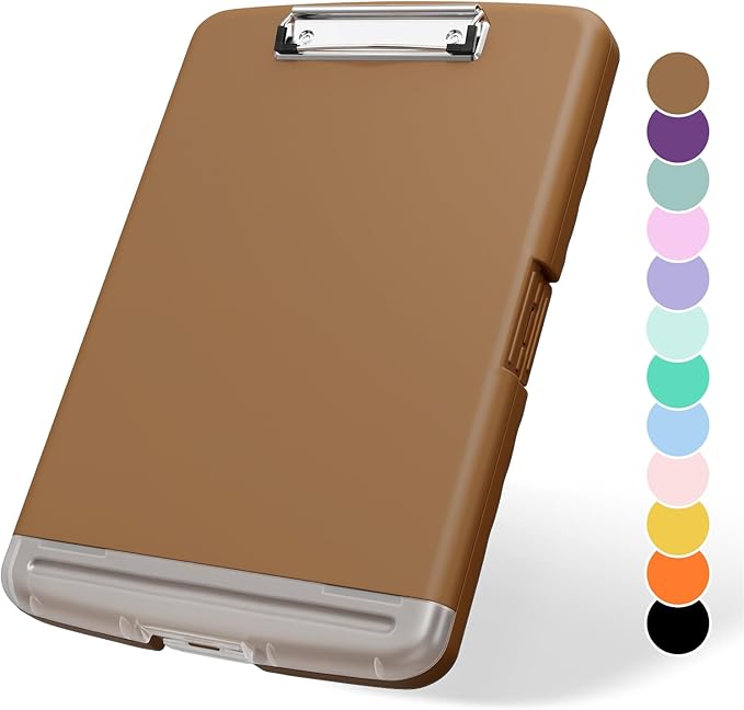 Plastic Clipboard with Storage, 8.5 x 11 Storage Organization Box Side-Opening, Heavy Duty Clip Board with Pen Holder and Paper Folder for Nurses, Teachers, Office & School Supply, Brown