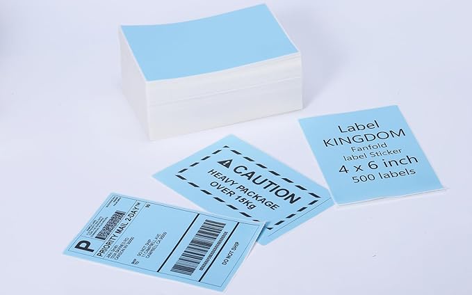 Label KINGDOM Thermal Label Printer Paper, 4"x 6" 500-Fanfold Blue Stickers for Polono, Phomemo Direct Thermal Printer for Shipping Address Label, 1 Roll