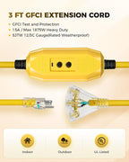 3 FT Auto GFCI Extension Cord Outdoor with 3 Prong Plugs, 12/3 SJTW Heavy Duty Power Cable with Multiple Outlets, 3 Outlets with Indicator Light, UL Listed, Yellow