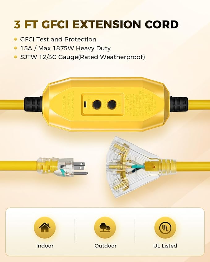 3 FT Auto GFCI Extension Cord Outdoor with 3 Prong Plugs, 12/3 SJTW Heavy Duty Power Cable with Multiple Outlets, 3 Outlets with Indicator Light, UL Listed, Yellow
