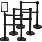 Therwen 6 Pcs Double Retractable Belt Barrier with Stanchion Dual Retractable Safety Belt Heavy Duty Crowd Control Stanchions Stainless Steel Post Holder Safety Barrier Stand (16.4 ft,Black)